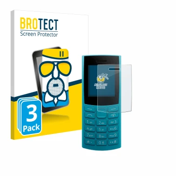 Vorderseite einer Produktverpackung mit dem Markenlogo BROTECT. Daneben ist das Gerät Nokia 105 4G 2nd Edition mit dem zugehör