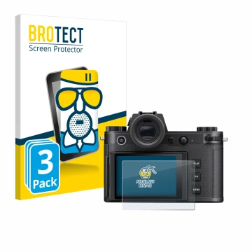 Vorderseite einer Produktverpackung mit dem Markenlogo BROTECT. Daneben ist das Gerät Leica SL3-S mit dem zugehörigen Displays