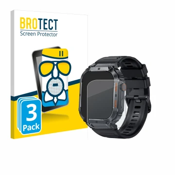 Vorderseite einer Produktverpackung mit dem Markenlogo BROTECT. Daneben ist das Gerät bedee Smartwatch 1.96