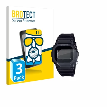 Vorderseite einer Produktverpackung mit dem Markenlogo BROTECT. Daneben ist das Gerät Casio G-Shock DW-5600RL-1 mit dem zugehö