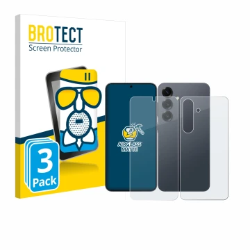 Vorderseite einer Produktverpackung mit dem Markenlogo BROTECT. Daneben ist das Gerät Samsung Galaxy S25 (Display+Rückseite) m