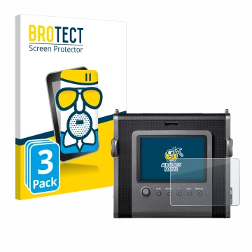 Vorderseite einer Produktverpackung mit dem Markenlogo BROTECT. Daneben ist das Gerät Fujifilm Instax Wide Evo mit dem zugehör