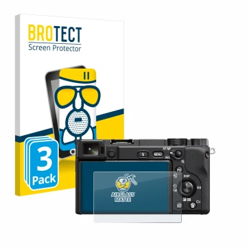 Vorderseite einer Produktverpackung mit dem Markenlogo BROTECT. Daneben ist das Gerät Sony Alpha 6100A mit dem zugehörigen Dis