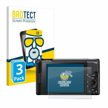 Vorderseite einer Produktverpackung mit dem Markenlogo BROTECT. Daneben ist das Gerät Sony ZV-1A mit dem zugehörigen Displaysc