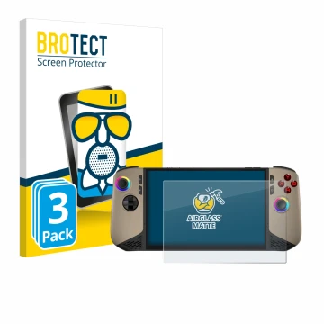 Vorderseite einer Produktverpackung mit dem Markenlogo BROTECT. Daneben ist das Gerät MSI Claw 8 AI+ mit dem zugehörigen Displ