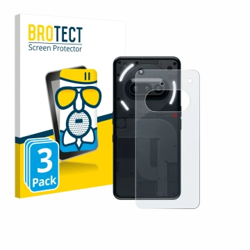 Vorderseite einer Produktverpackung mit dem Markenlogo BROTECT. Daneben ist das Gerät Nothing Phone (3a) (Rückseite) mit dem z