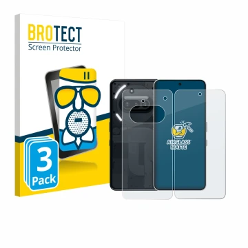 Vorderseite einer Produktverpackung mit dem Markenlogo BROTECT. Daneben ist das Gerät Nothing Phone (3a) (Display+Rückseite) m