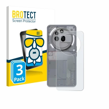 Vorderseite einer Produktverpackung mit dem Markenlogo BROTECT. Daneben ist das Gerät Nothing Phone (3a) Pro (Rückseite) mit d