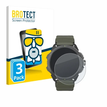 Vorderseite einer Produktverpackung mit dem Markenlogo BROTECT. Daneben ist das Gerät Hammer Watch 2 Military Edition mit dem 