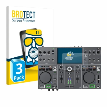 Vorderseite einer Produktverpackung mit dem Markenlogo BROTECT. Daneben ist das Gerät Denon DJ Prime Go+ mit dem zugehörigen D
