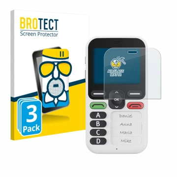 Vorderseite einer Produktverpackung mit dem Markenlogo BROTECT. Daneben ist das Gerät Doro Leva X10 mit dem zugehörigen Displa