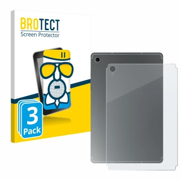 Vorderseite einer Produktverpackung mit dem Markenlogo BROTECT. Daneben ist das Gerät Samsung Galaxy Tab S10 FE (Rückseite) mi