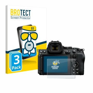 Vorderseite einer Produktverpackung mit dem Markenlogo BROTECT. Daneben ist das Gerät Nikon Z5 II mit dem zugehörigen Displays
