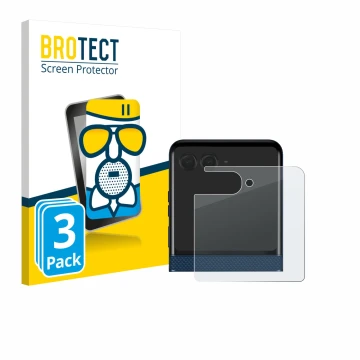 Vorderseite einer Produktverpackung mit dem Markenlogo BROTECT. Daneben ist das Gerät Motorola Razr 60 (Hinteres Display) mit 