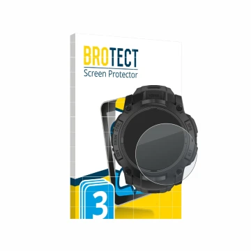 Vorderseite einer Produktverpackung mit dem Markenlogo BROTECT. Daneben ist das Gerät Garmin Instinct 3 Tactical AMOLED Editio
