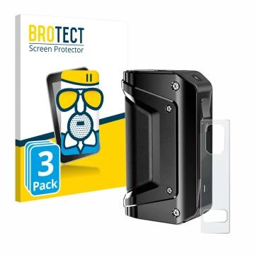 Vorderseite einer Produktverpackung mit dem Markenlogo BROTECT. Daneben ist das Gerät GeekVape Aegis Legend 3 mit dem zugehöri