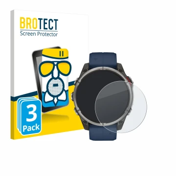 Vorderseite einer Produktverpackung mit dem Markenlogo BROTECT. Daneben ist das Gerät Garmin quatix 8 (47 mm) mit dem zugehöri