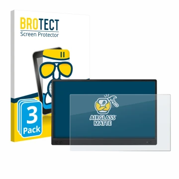 Vorderseite einer Produktverpackung mit dem Markenlogo BROTECT. Daneben ist das Gerät ASUS ZenScreen MB166C mit dem zugehörige