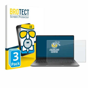 Vorderseite einer Produktverpackung mit dem Markenlogo BROTECT. Daneben ist das Gerät ASUS Chromebook Plus CX14 mit dem zugehö