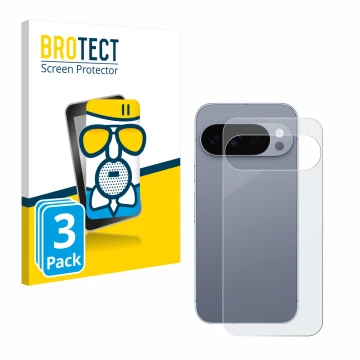 Vorderseite einer Produktverpackung mit dem Markenlogo BROTECT. Daneben ist das Gerät Google Pixel 10 Pro (Rückseite) mit dem 