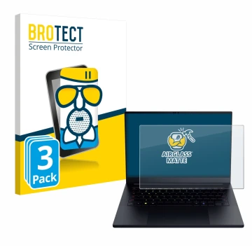 Vorderseite einer Produktverpackung mit dem Markenlogo BROTECT. Daneben ist das Gerät Razer Blade 14 2025 mit dem zugehörigen 