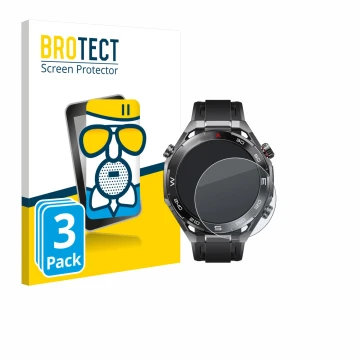Vorderseite einer Produktverpackung mit dem Markenlogo BROTECT. Daneben ist das Gerät Huawei Watch Ultimate 2 Black mit dem zu