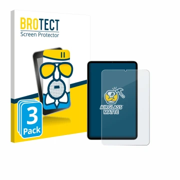 Vorderseite einer Produktverpackung mit dem Markenlogo BROTECT. Daneben ist das Gerät Xiaomi Pad Mini mit dem zugehörigen Disp