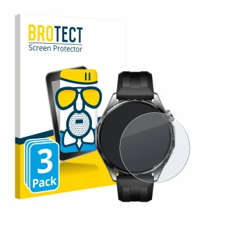 Vorderseite einer Produktverpackung mit dem Markenlogo BROTECT. Daneben ist das Gerät Huawei Watch GT 6 (46 mm) mit dem zugehö