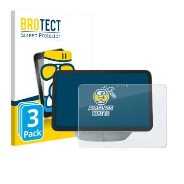 Vorderseite einer Produktverpackung mit dem Markenlogo BROTECT. Daneben ist das Gerät Amazon Echo Show 11 2025 mit dem zugehör