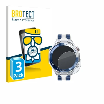 Vorderseite einer Produktverpackung mit dem Markenlogo BROTECT. Daneben ist das Gerät Huawei Watch Ultimate 2 Blue mit dem zug
