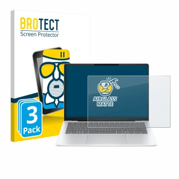 Vorderseite einer Produktverpackung mit dem Markenlogo BROTECT. Daneben ist das Gerät HP OmniBook 5 14 mit dem zugehörigen Dis