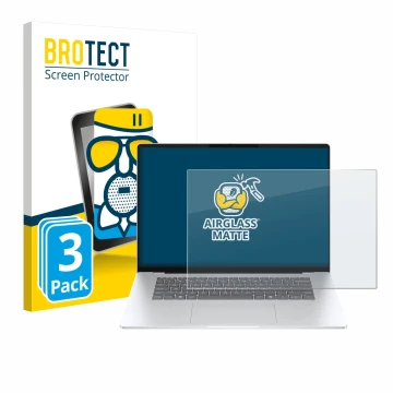 Vorderseite einer Produktverpackung mit dem Markenlogo BROTECT. Daneben ist das Gerät HP OmniBook 5 16 mit dem zugehörigen Dis