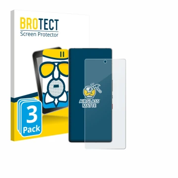 Vorderseite einer Produktverpackung mit dem Markenlogo BROTECT. Daneben ist das Gerät ZTE Nubia Red Magic 11 Pro+ mit dem zuge