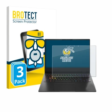 Vorderseite einer Produktverpackung mit dem Markenlogo BROTECT. Daneben ist das Gerät HP Omen Transcend 16-u1000nl mit dem zug