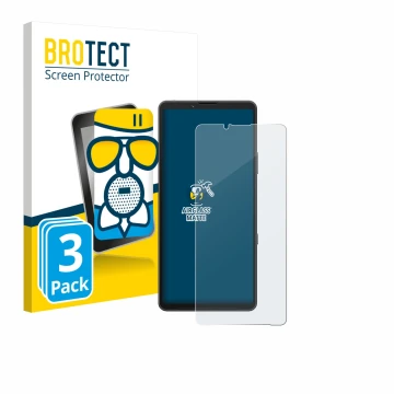 Vorderseite einer Produktverpackung mit dem Markenlogo BROTECT. Daneben ist das Gerät Sony Xperia 10 VII (case-friendly) mit d