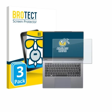 Vorderseite einer Produktverpackung mit dem Markenlogo BROTECT. Daneben ist das Gerät Tuxedo InfinityBook Pro 14 Gen 10 mit de
