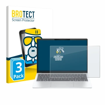 Vorderseite einer Produktverpackung mit dem Markenlogo BROTECT. Daneben ist das Gerät HP OmniBook 7 Aero 13 mit dem zugehörige