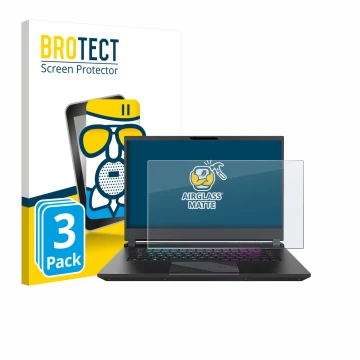 Vorderseite einer Produktverpackung mit dem Markenlogo BROTECT. Daneben ist das Gerät Gigabyte AORUS 15 2024 mit dem zugehörig