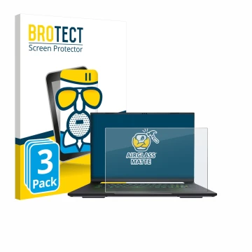 Vorderseite einer Produktverpackung mit dem Markenlogo BROTECT. Daneben ist das Gerät Gigabyte AERO X16 2025 mit dem zugehörig