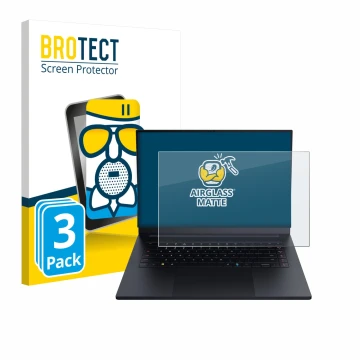 Vorderseite einer Produktverpackung mit dem Markenlogo BROTECT. Daneben ist das Gerät Razer Blade 16 2025 mit dem zugehörigen 