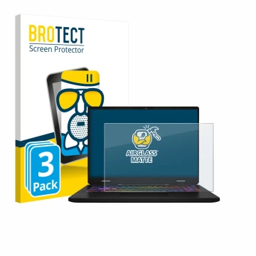 Vorderseite einer Produktverpackung mit dem Markenlogo BROTECT. Daneben ist das Gerät MSI Vector 16 HX AI mit dem zugehörigen 