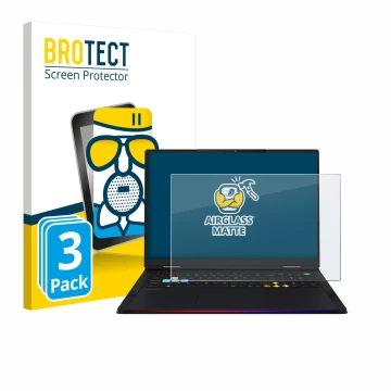 Vorderseite einer Produktverpackung mit dem Markenlogo BROTECT. Daneben ist das Gerät MSI Raider 18 HX AI 2025 mit dem zugehör