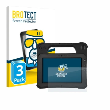 Vorderseite einer Produktverpackung mit dem Markenlogo BROTECT. Daneben ist das Gerät Zebra XPad L10ax mit dem zugehörigen Dis