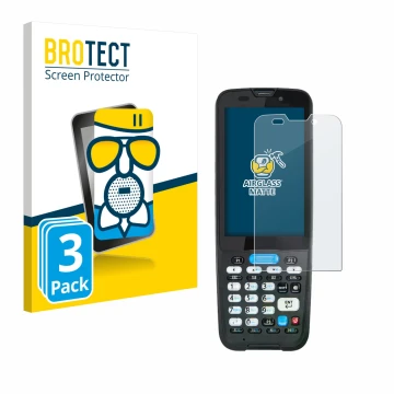 Vorderseite einer Produktverpackung mit dem Markenlogo BROTECT. Daneben ist das Gerät Unitech HT330 mit dem zugehörigen Displa