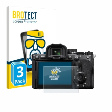 Vorderseite einer Produktverpackung mit dem Markenlogo BROTECT. Daneben ist das Gerät Sony Alpha 7 V (ILCE-7M5) mit dem zugehö
