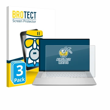 Vorderseite einer Produktverpackung mit dem Markenlogo BROTECT. Daneben ist das Gerät Dell 16 Premium Laptop mit dem zugehörig