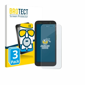 Vorderseite einer Produktverpackung mit dem Markenlogo BROTECT. Daneben ist das Gerät Zebra TC501 mit dem zugehörigen Displays