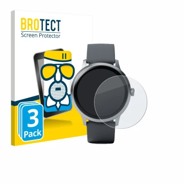 Vorderseite einer Produktverpackung mit dem Markenlogo BROTECT. Daneben ist das Gerät Pebble Round 2 mit dem zugehörigen Displ