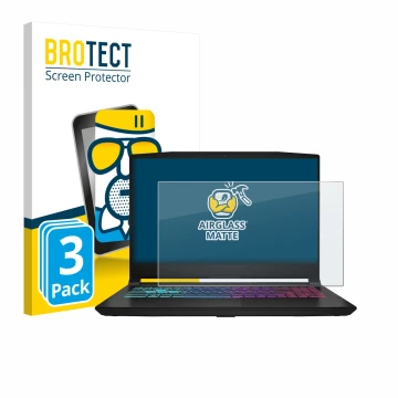 Vorderseite einer Produktverpackung mit dem Markenlogo BROTECT. Daneben ist das Gerät MSI Katana 15 HX B14 mit dem zugehörigen
