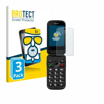 Vorderseite einer Produktverpackung mit dem Markenlogo BROTECT. Daneben ist das Gerät Simvalley Mobile XL-970 mit dem zugehöri